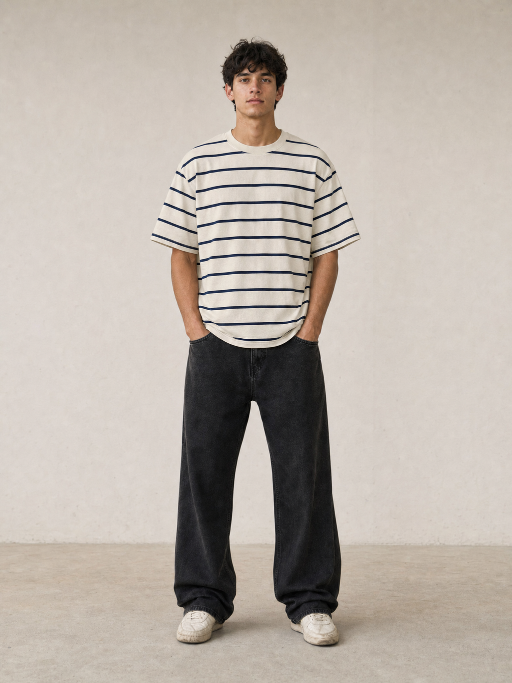 B.e.r.s.h.k.a Relaxed Striped T-Shirt – Ecru & Navy