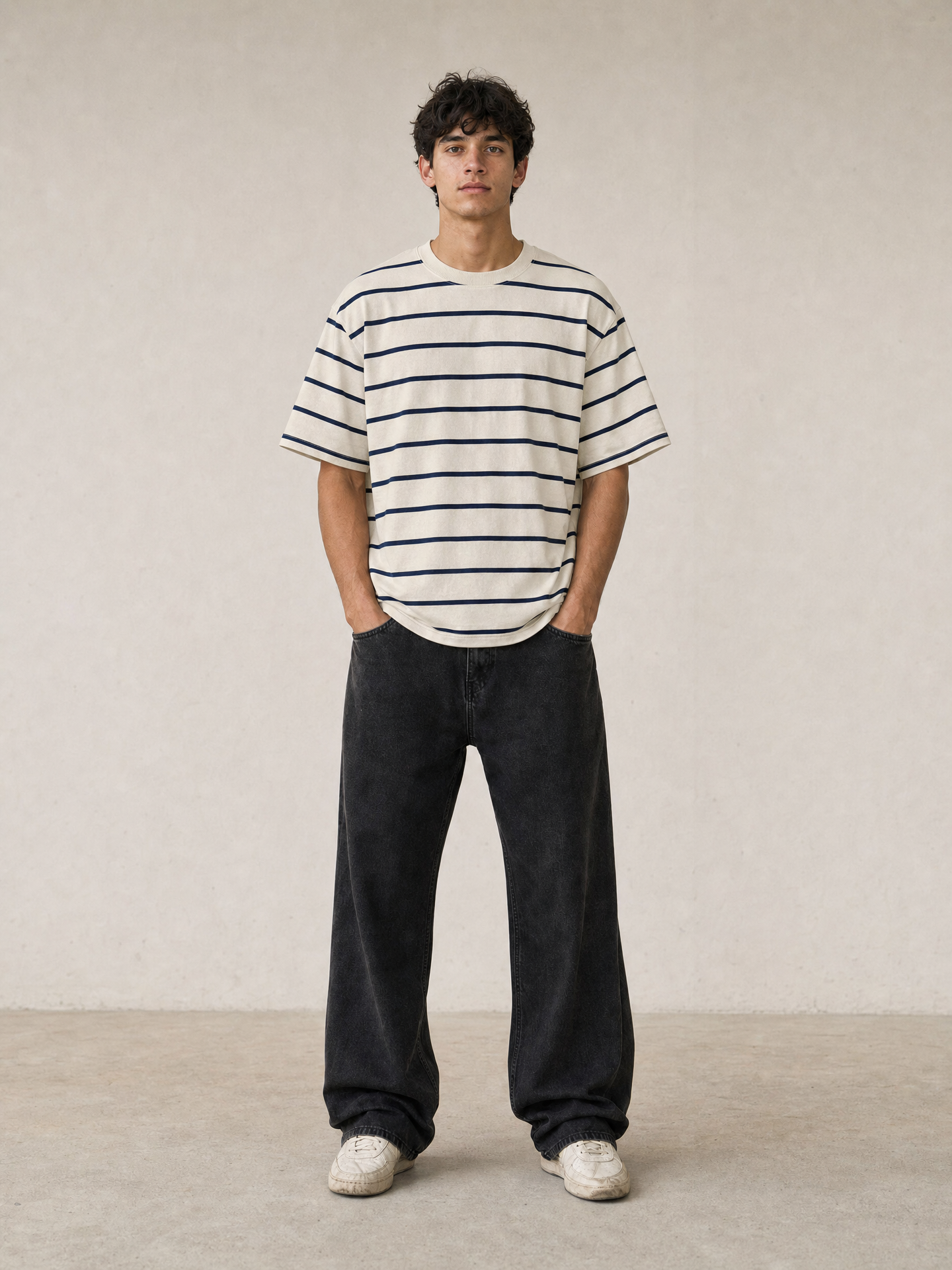 B.e.r.s.h.k.a Relaxed Striped T-Shirt – Ecru & Navy