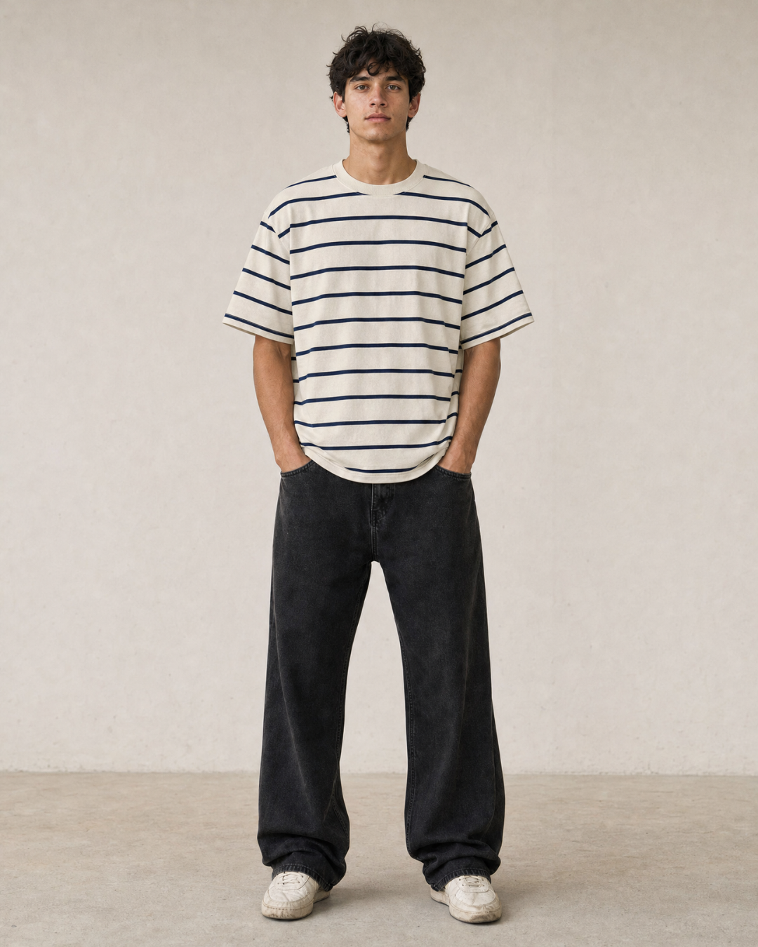 B.e.r.s.h.k.a Relaxed Striped T-Shirt – Ecru & Navy